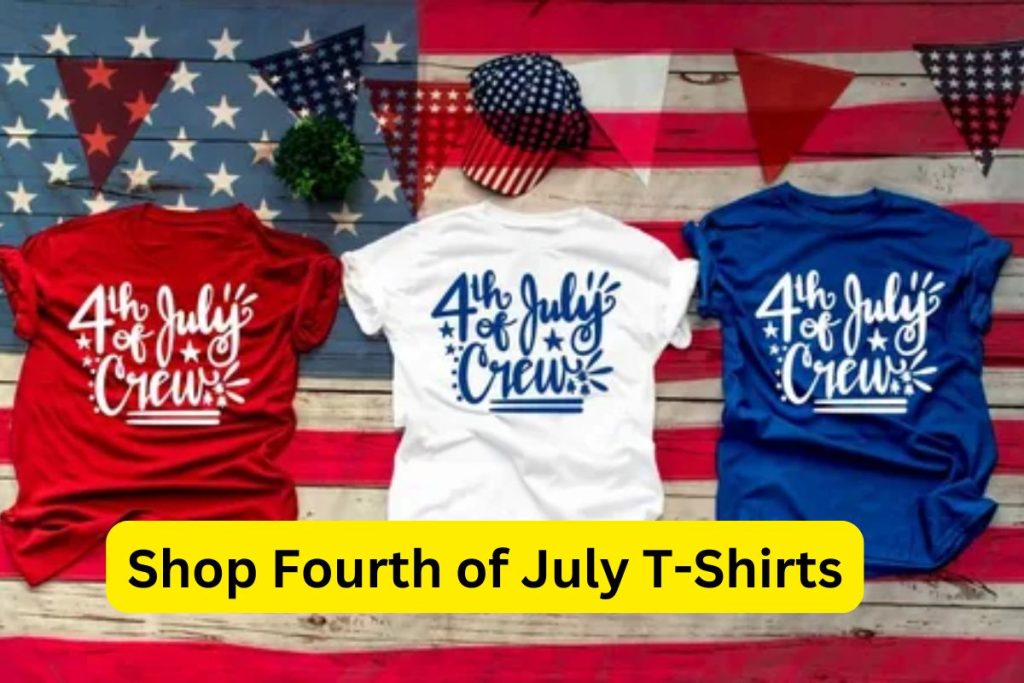 Selection of Fourth of July t-shirts featuring vibrant designs for 2024 celebrations, showcasing patriotic themes and festive patterns